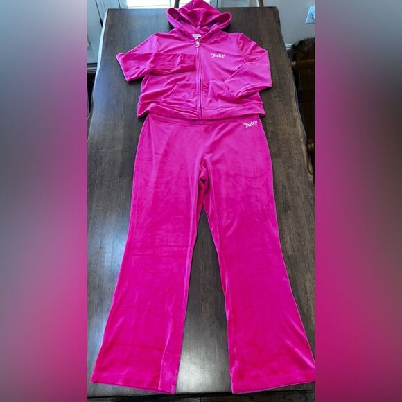 Juicy Couture Velour Tracksuit Set XXL/XL Hot Pink Hooded Y2K Rhinestone Bling - Picture 11 of 12